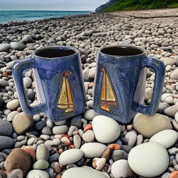 2 Mara Mexico Sailboat Mugs Cups Handmade Pottery Coastal Beach House Nautical - Picture 15 of 16